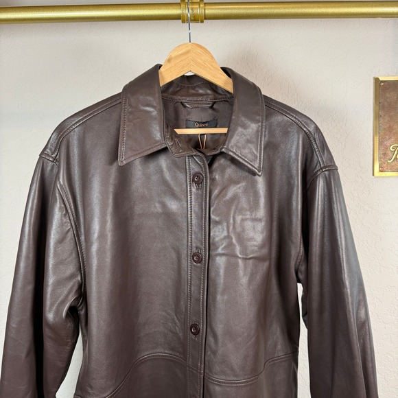 Quince Brown Leather Button Up Shirt Jacket Women's Large Oversized - Picture 3 of 9